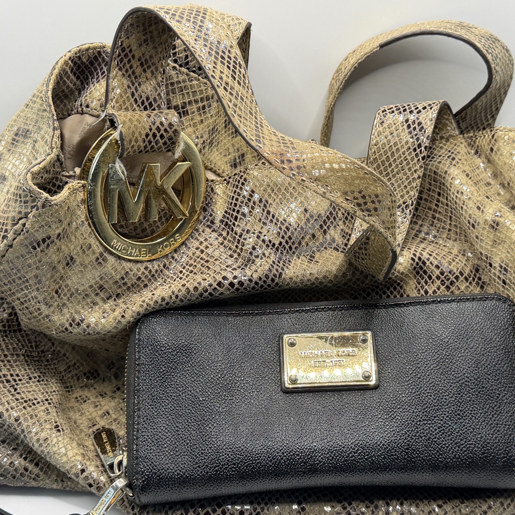 Michael Kors Gold Snake Print Shoulder Bag And Black Wallet